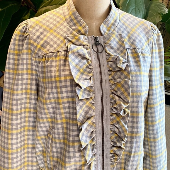Anthropologie Idra Gingham Check Ruffled Lapel Zip Jacket. Bomber cut - Picture 9 of 13